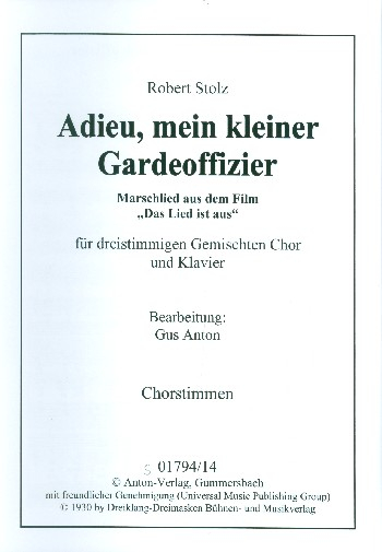 Adieu mein kleiner Gardeoffizier für gem Chor (SAM) und Klavier