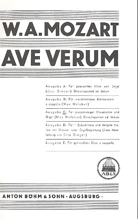 Ave verum KV618 Ausgabe C für Frauenchor und Orgel, Streichquartett ad lib.