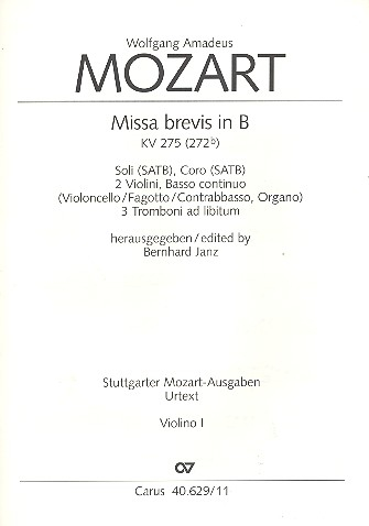 Missa brevis B-Dur KV275 für Soli (SATB), Chor, 2 Violinen und Bc