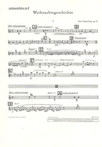 Weihnachtsgeschichte op. 54 für gemischten Chor (SATB) mit Soli (STB) und Streichorchester, Flöte