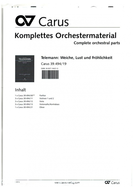 Weiche Lust und Fröhlichkeit TVWV1:1536 für hohe Singstimme, Viola, Oboe, 2 Violinen und Bc