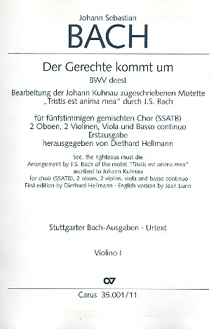 Der Gerechte kommt um für ssatb Chor und Orchester, bwv deest