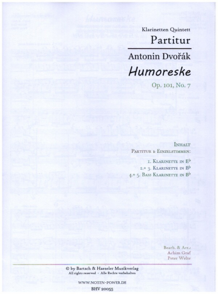 Humoreske op.101 Nr.7 für Klarinettenquintett (1.KLinES,2+3Kl.in B, 4+5 Basskla.in B)