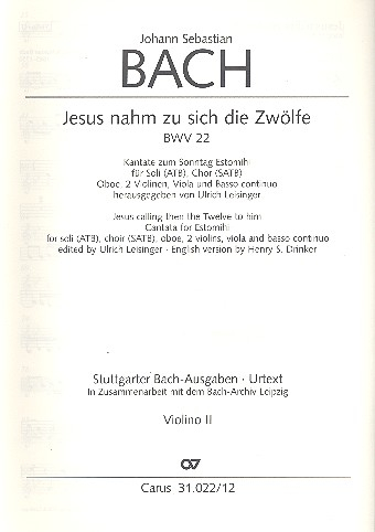 Jesus nahm zu sich die Zwölfe Kantate Nr.22 BWV22