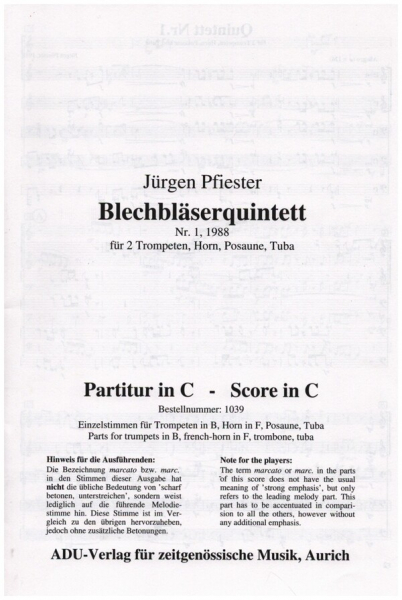 Blechbläserquintett Nr.1 für 2 Trompeten, Horn, Posaune und Tuba